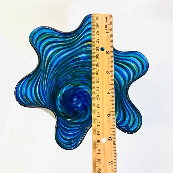 Arribas Brothers Walt Disney World Blown Glass Ruffled Vase 9” Blue Yellow Swirl - Picture 13 of 15